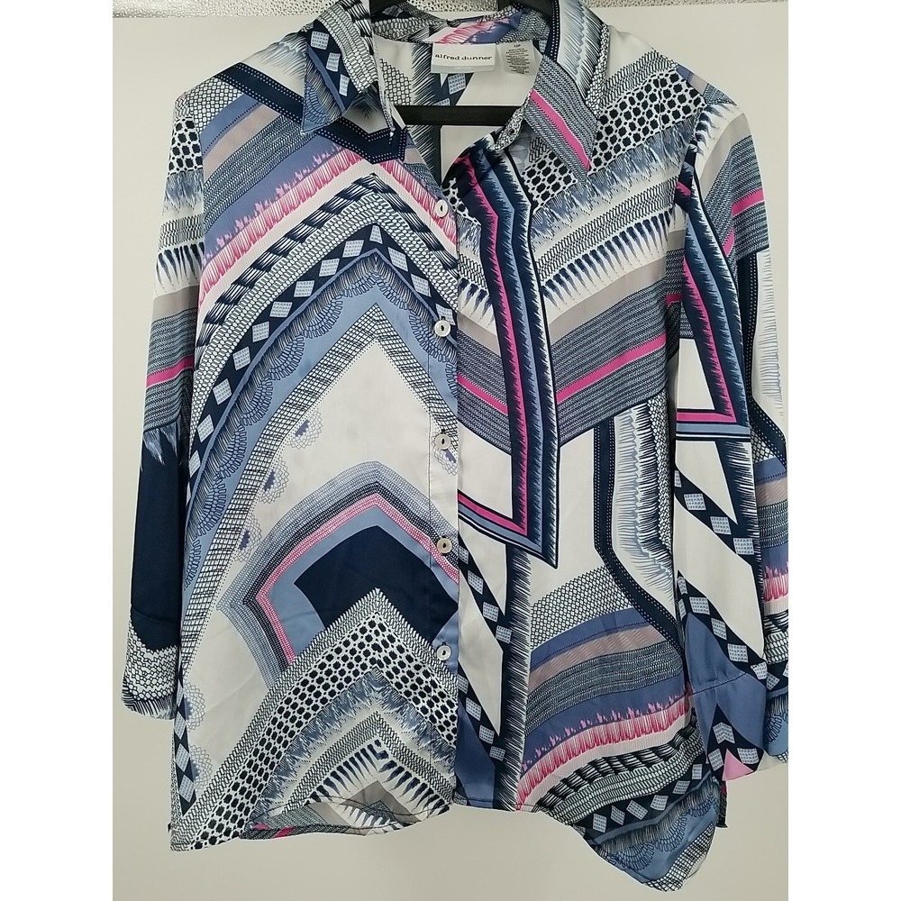 Alfred Dunner Womens Geometric 3/4 Sleeve Button Up Blouse Multicolor 12 Petite‎